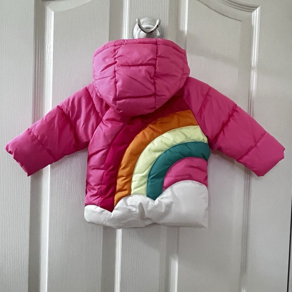Old Navy Pink Rainbow Puffer Jacket Water Resistant Girls Size 6-12 Months
